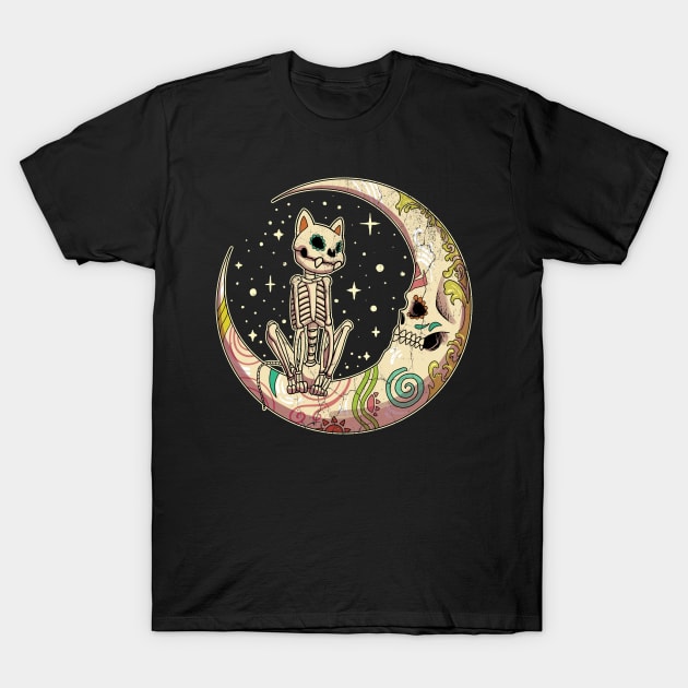 Sugar Skull Crescent Moon Cat Dead Day Halloween T-Shirt by Funnyawesomedesigns